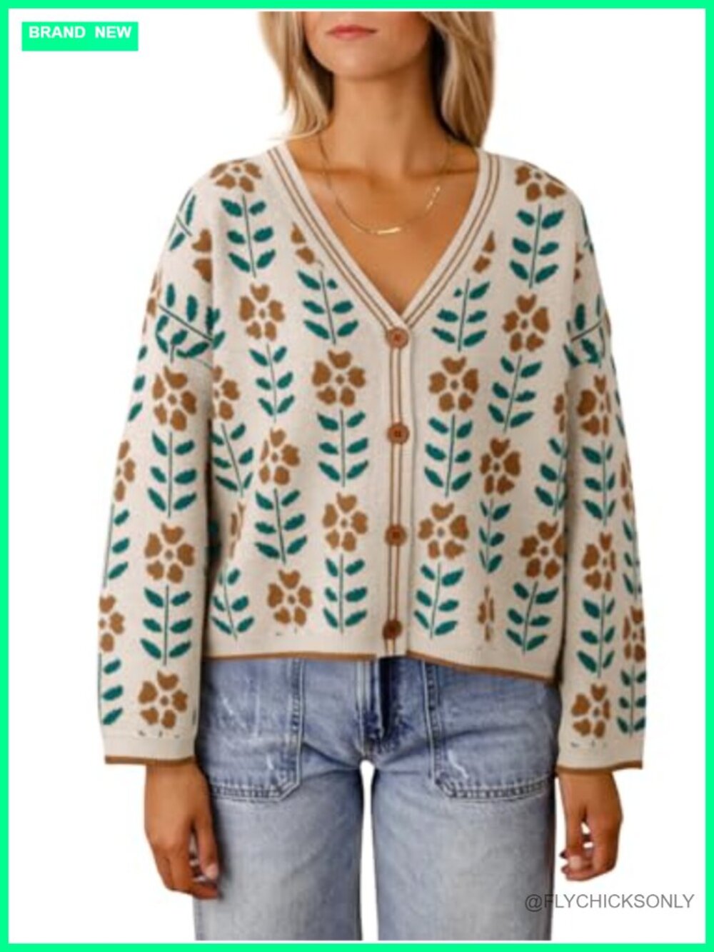Women's V-Neck Floral Cardigan Open Front Button Down Knit Long Sleeve Loose